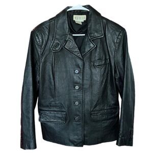 Leather Jacket Women L Size 12 Black Button Down Warm Pristine Biker Moto 50’s